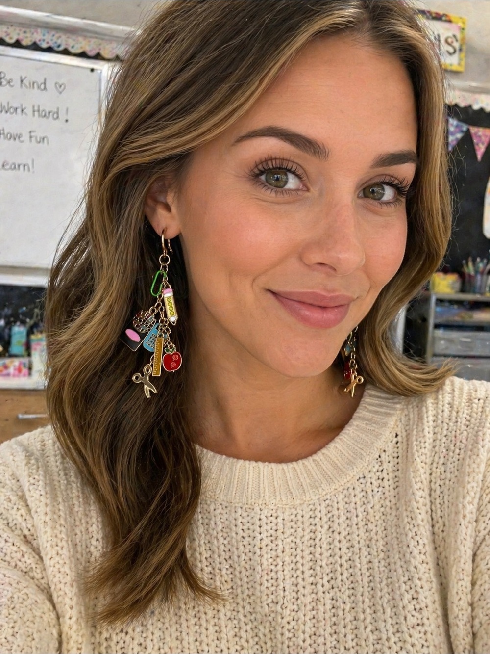 Teacher Charm Dangle Earrings Gold Tone Apple Pencil Classroom School Gift New